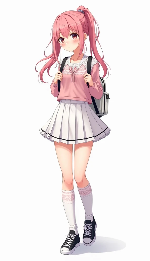  An anime adolescent woman with long loose ponytail hair in shades of pink wears a light pink top with openwork or embroidered details, adorned with white lace on the upper edge up to the abdomen and a small decorative ribbon in the center and wears a whit...