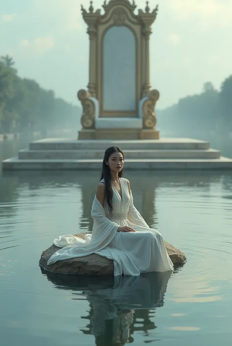 Woman with white clothes sit on rock in water before the throne