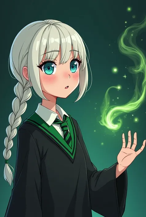 An image of a girl with white hair, a single braid, blue eyes, a black dress, a green stripe, a Slytherin home schoolgirl dress, a Harry Porter theme, is teaching a girl how to cast a labidus spell., Mysterious Magical Dude Cartoon 