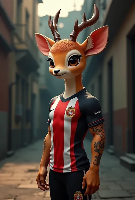 An ultra-realistic humanoid bambi representing the São Paulo Futebol Clube. The character has a cute, yet strong bambi-like head with soft, expressive eyes, delicate antlers, and a charming, natural appearance. The bambis body is muscular, showcasing a ble...