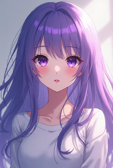 An anime girl with purple hair, white shirt, long hair