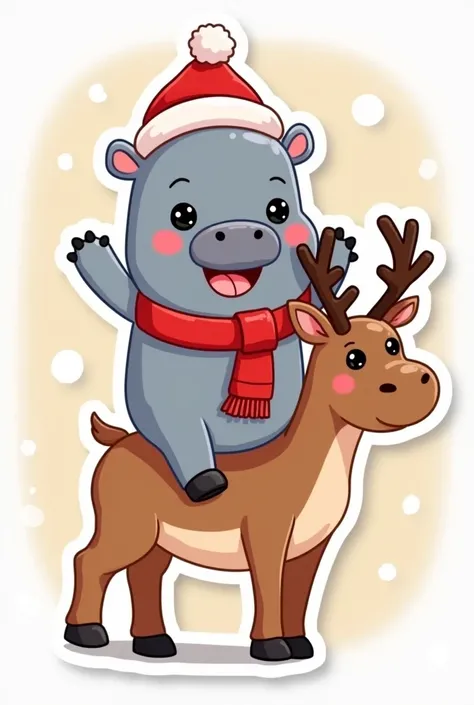 Cute cartoon japanese kawaii grey pygmy hippo, Sticker style, smile face, wear red santa hat, wear Christmas scarf, Ride on Reindeer and ride hands up , light background, look like pygmy hippo moo deng