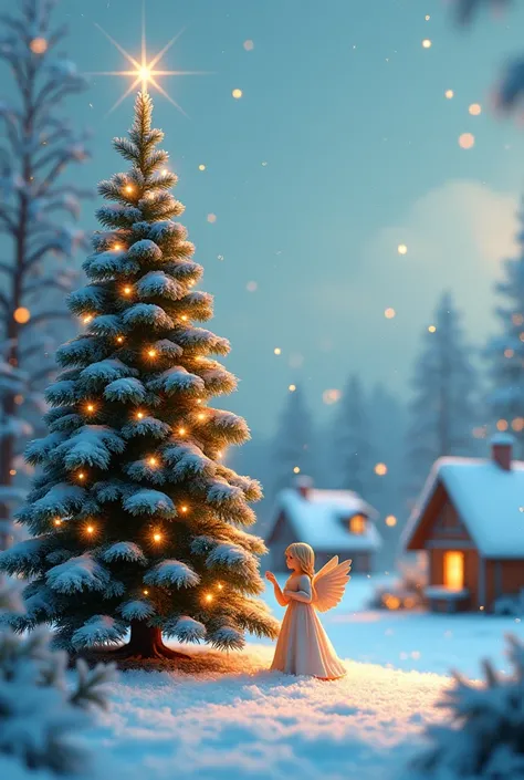 Realistic image of a Christmas tree in the snow with little houses in the background with the snow falling on top an angel next to the tree illuminating the scenery 