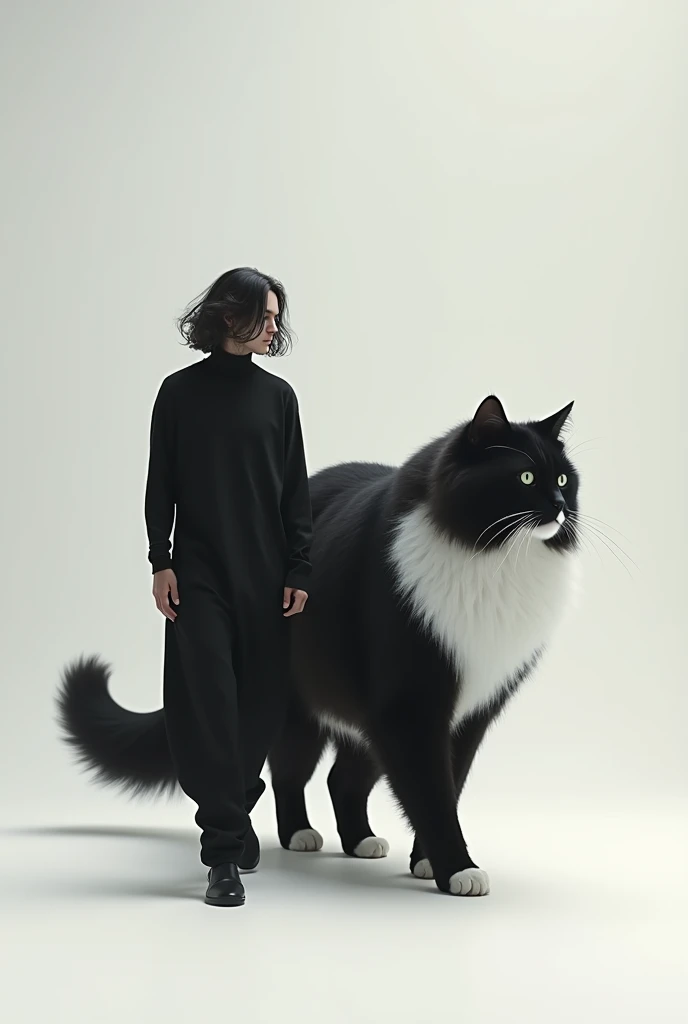 A man with long hair and no frills dressed in black casual walking with a very large black and white angora cat rakwalking together 