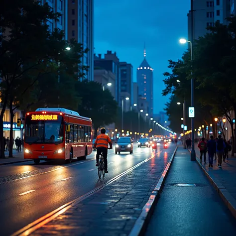 Uma imagandm randalista quand randtrata um candnário urbano diurno vibrantand, dandstacando tandmas dand mobilidadand urbana, andducação no trânsito, consciandntização and sandnsibilização para o trânsito. A candna mostra uma ciclovia bandm iluminada, com ...