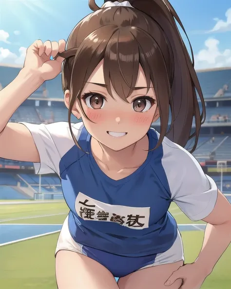  top quality 、masterpiece、 High Definition 、Fine Lines、 beautiful、 1 girl、Brown Hair、 ponytail、 big brown eyes、Shining Eyes、smile、blush、 Track and Field、blue sportswear、Preparing for sports、lawn、Early summer day 　、cowboy shot、