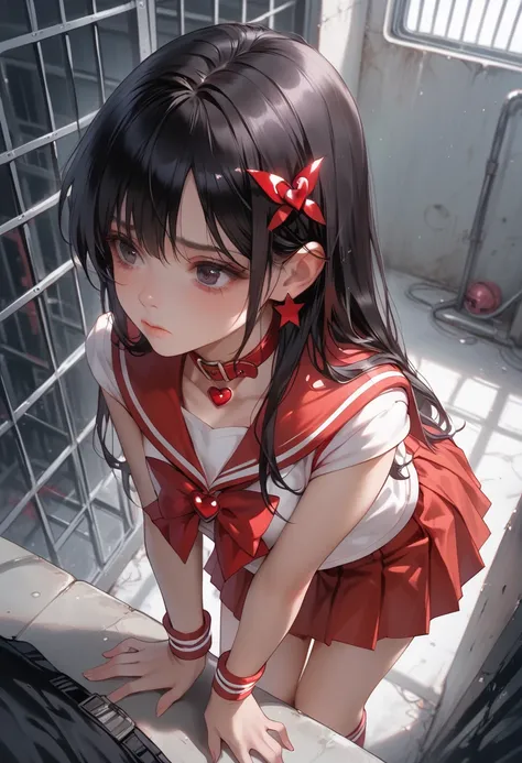 magical girl costumes,  black hair, Girl with long hair , red collar sailor suit,  red short pleated skirt,  with red ribbon on the chest, Underground Prison, sad, doggystyle,  penis inserted,  angle from directly above 