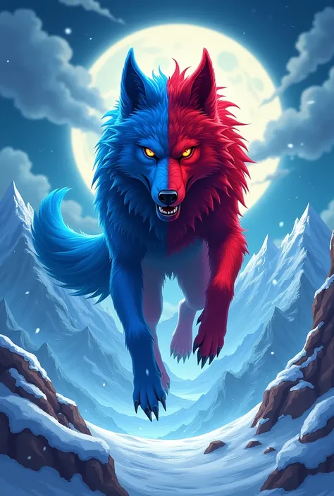 blue wolf jumping half blue half demon red color 
Background snowy mountain big moon night time
Cartoon art