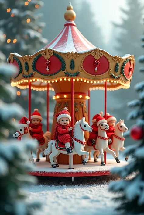 photo of several  babies dressed in Christmas clothes riding a carousel decorated with Christmas decorations, and on the carousel, several real  babies all dressed in Christmas clothes, snow falling and around several pine trees decorated with Christmas de...