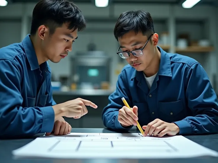 Medium shot, a male worker in his 30s is teaching a young male worker in his 20s who has just started working. He is Asian and is pointing his finger at the young worker. He is drawing a planar structure diagram of a component with a ruler on the operating...