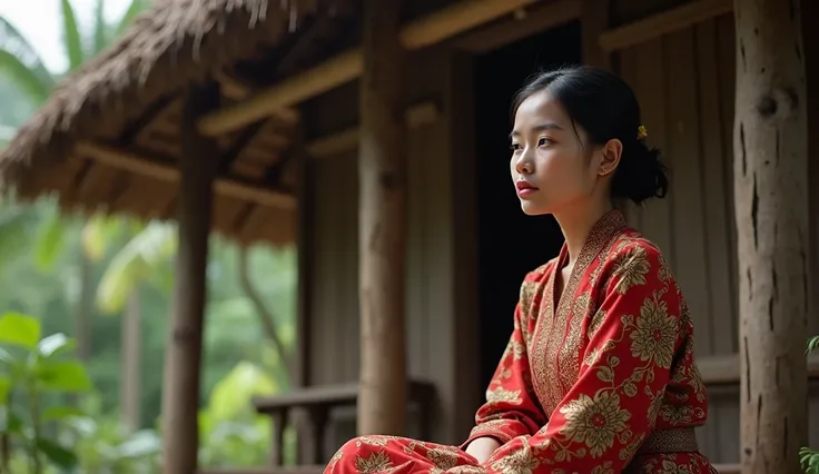 HD realistic image .  A beautiful girl,  using kebaya sitting in front of rumag hut,  with pensive expression .