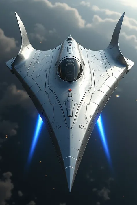 Large Sleek smooth silver rounded triangular shaped starship looking similar to a falcon with two long wings bent upward in the shape of a circle, ultra realistic, ultra detailed, UHD 8K, science fiction with a blue engine trail, cockpit on the front nose ...