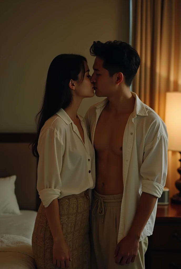 25 year old Korea woman, nice body, wearing a white shirt , at bedroom , next to her is a 40 year old man from Burmese , standing , wearing Burmese men’s sarong , bare chest ,  kissing her  ,episode Night, soft light, clear picture, cinematic beauty, intri...