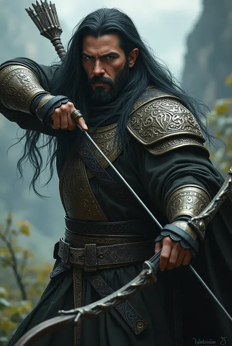  DARK LONG HAIR . Male Elf. beard. breastplate. long bow in hand.  dynamic pose.