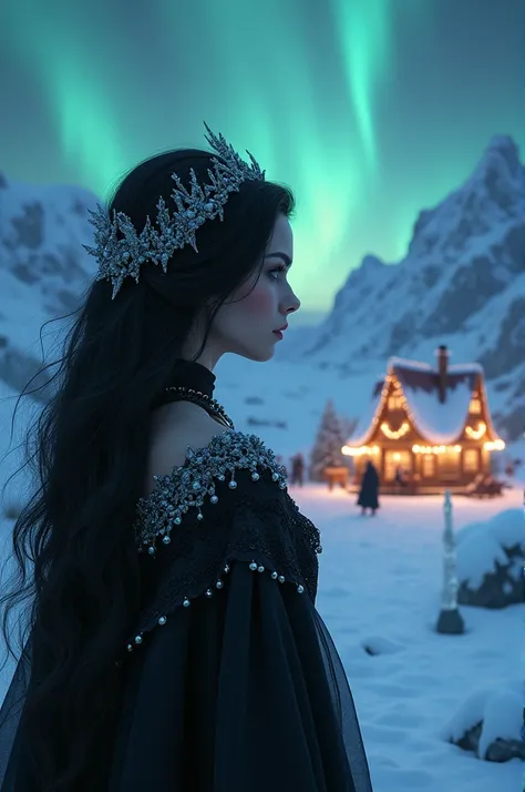 a beautiful witch watching Santa Clauss workshop in the distance at the North Pole