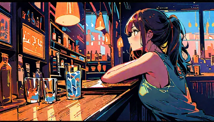 A sexy woman lonely in a bar at night, painting style,a glass