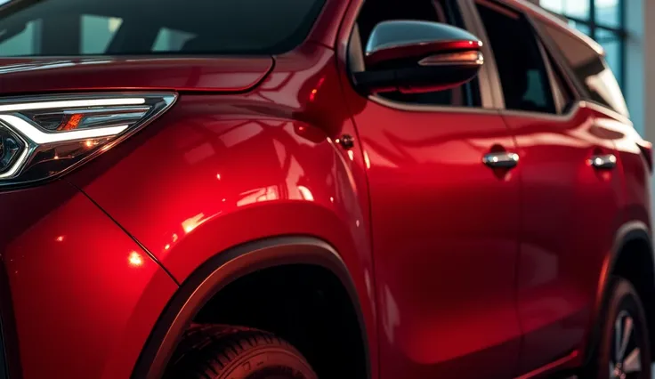 photo of  Left side 2025  Toyota Fortuner red glossy lighting burn open windows long captured from showroom. The Fortuner is in a showroom and is a design concept. The Fortuner has a sleek design with a bold grille and sharp lines. The interior has a moder...