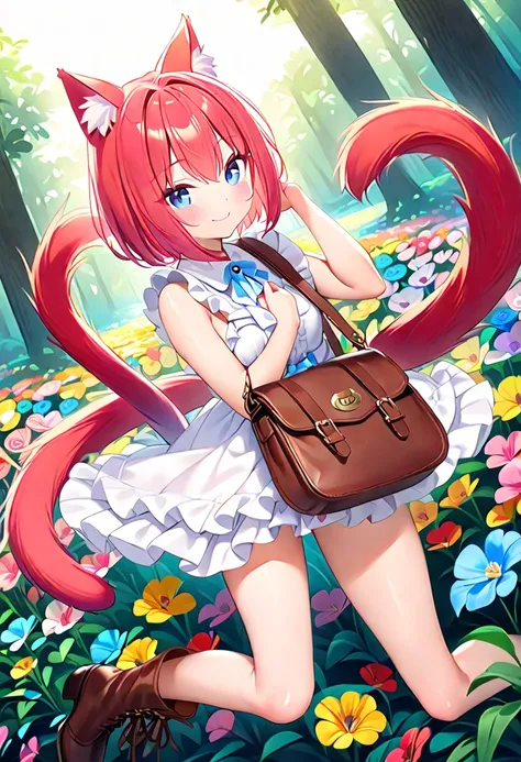  Masterpiece、 very young girl 、Extremely small bust 、 slender body、Thin legs、Long neck、 light blue eyes、Bright red hair、 short hair 、 cat ears and tail 、 white ruffle dress 、 leather boots、Leather Belt、brown leather handbag、Lush forest、 colorful flowers、sm...