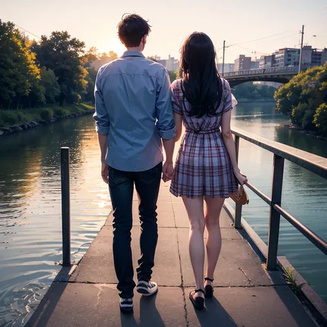 From behind view of a young couple looking at the other side of river city light. Parapet in front of the couple. Moon rising. Wearing informal dress.
Man is wearing plaid shirt, jean and walking shoe. Woman is wearing a summer dress and slipper.