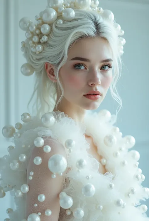 full body shot, a beautiful woman, elegant, aristocratic face, detailed, with intricate pearl embroidery, white haute couture dress, a dress that looks like a octopus, the dress resembles a cloud, tulle, bubbles, ocean water, beautiful eyes, plump lips, wh...