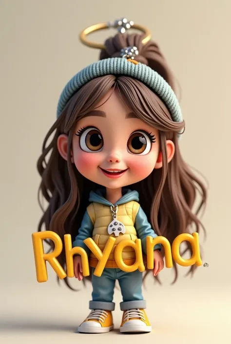 " 3D caricature of a girl, key chain in High-quality realistic photo, and there is the name RHYANA in 3D letter style, embossed and realistic, in black yellow, indium white and black,