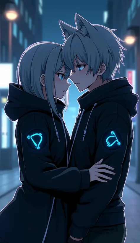  Anime girl and boy hugging each other ,他们都穿着带有未来蓝色图案的黑色夹克。 The background is a city , the jacket covers the head ,Enlarge the background, The background is a little dark 。The jacket has a hat , Anime boys and girls have gray hair , gives the impression of...