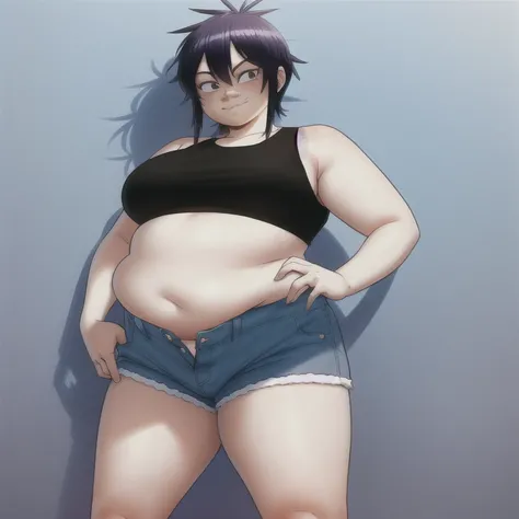 noodles (Gorillaz), masterpiece, best quality, solo, big fat body , purple hair, medium hair, looking at the viewer, bangs, upturned nose, converse, over-eye hair, high tops, blush, detailed fingers, 5 fingers, sfw, sexy expression, seductive smile, detail...