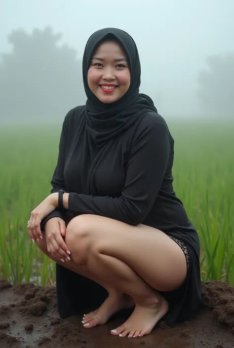  mature woman ,  wearing pashmina hijab , native indonesia , (( wearing black lace panties )), fair skin, solid body fat ,  big boobs protruding  (( almost out of her clothes )),  and round, plump buttocks , thick red lips , sweet smile looking at the came...