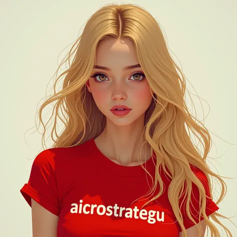 A girl sexy . long hair and yellow hair.shirt red color add the text AicroStrategy on the characters shirt. style AI art