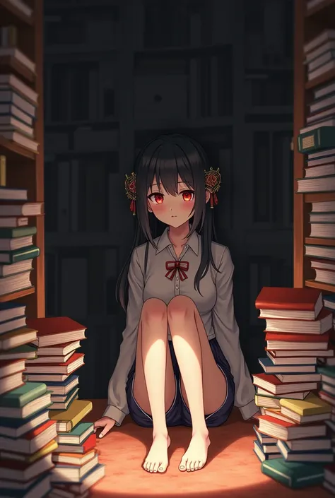 (( masterpiece , best quality ))1 , Alone,  Bookcase , stack of books, Suzuno,  inside the house, hair ornament, Yuina,  red eyes ,  