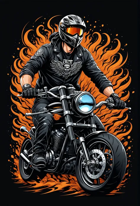 breathtaking biker, t shirt design, flat-colors, vector, ((black backdrop)) . awardwinning, proffesional, highy detailed