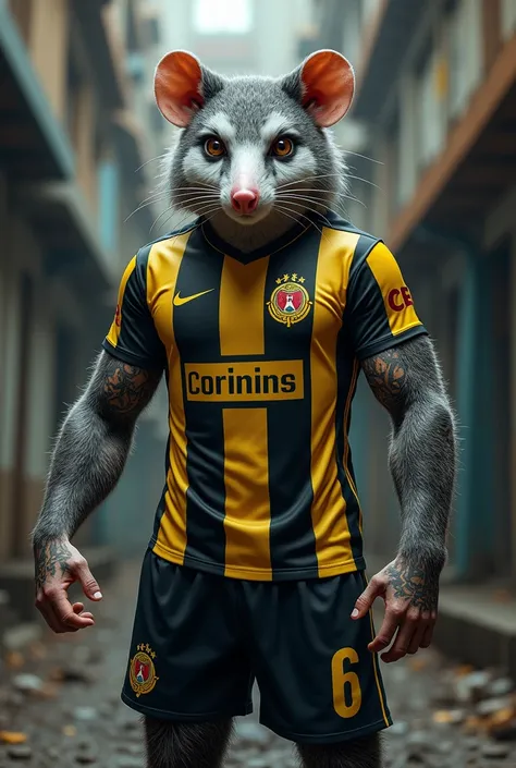 An ultra-realistic humanoid possum representing the Corinthians Football Club. The character has the head of a detailed possum, with sharp eyes, a strong expression, and a prominent nose. Its fur is soft and textured, with a mix of gray, black, and white t...