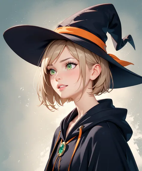 girl, light brown hair, kawaii, green eye, witch hat, clumsy, naive, cutie face, realistic, 8k, black robe, short cut hair, nervous emotion, 