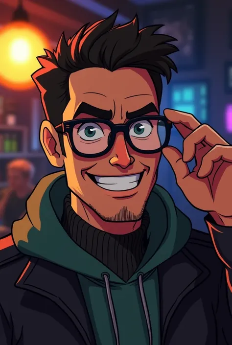 "A storyboard panel in 16:9 format. Close-up of Trek, a tech-savvy hacker in his 30s with a mischievous grin. He adjusts his slightly crooked glasses while making a playful comment. The lighting highlights his face while the rest of the bar fades into shad...