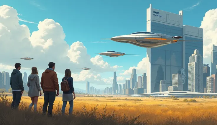 Four people are standing on a field and in front of them is a high-tech city of modernity. Cars are flying in the sky and the city is very beautiful to look at.