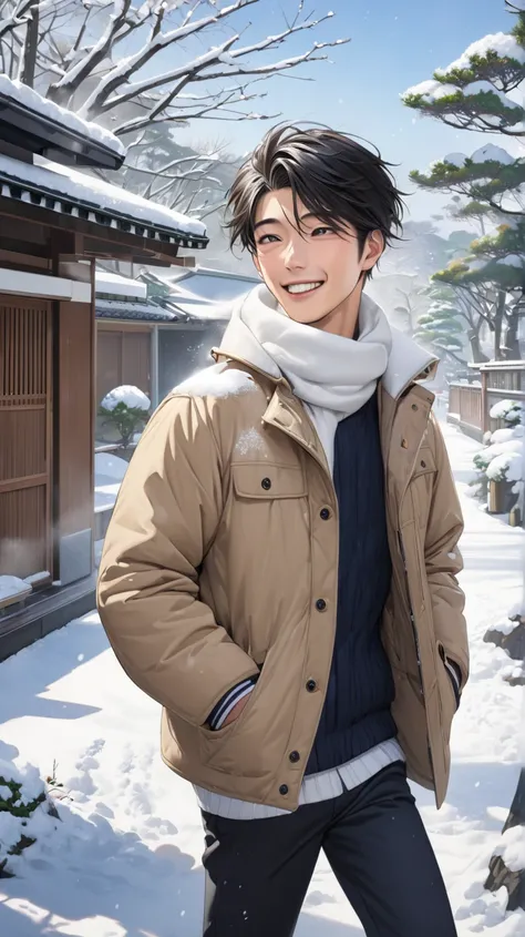 (photorealism:1.2), very Handsome japanese man, 22-27 year-old,  in Japan, winter, playing snow, happy