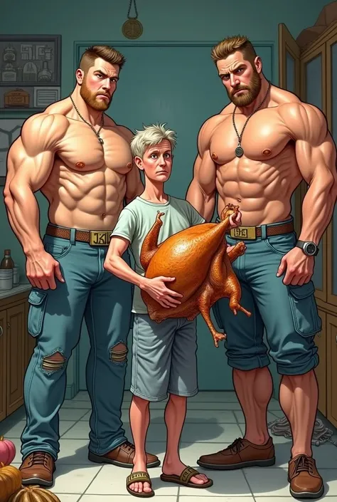 A thin, scared 35-year-old man carries a turkey under his arm and A man and a woman weightlifting couple complain about his attitude. Humorous image and Mad Magazine style.