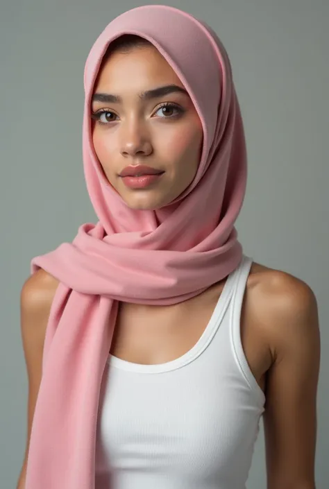 a girl wearing pink hijab and white tanktop showing her armpits hair