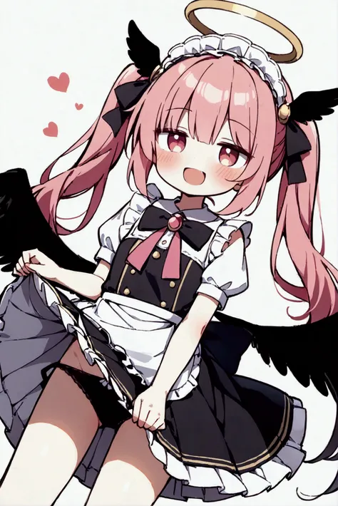  girl、 and laugh、Bad eyesight、Double teeth、 pink hair、 twin tails,Children、Frills、 miniskirt、skirt lift,black panties,Black clothes、Black Wings、 sky background 