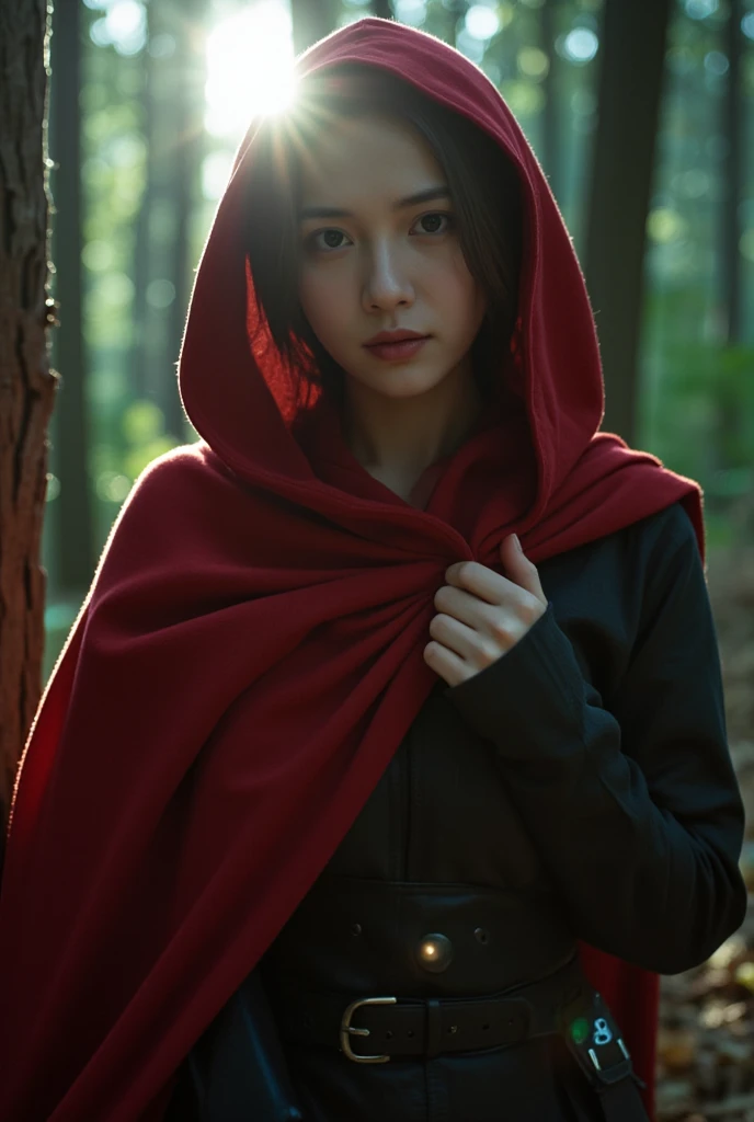 close-up portrait of an elf in a forest, (backlight), realistic, masterpiece, highest quality, ((red hooded cloak)), ((scared )), lens flare, shadow, bloom, (( flashes of light)), [chromatic aberration], by (kug76), digital painting