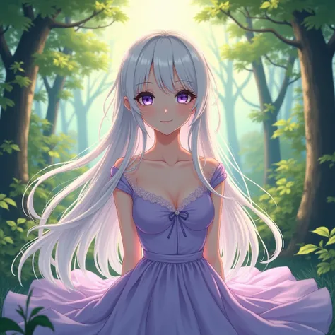 screencap anime, a girl who has long white hime cut hair with violet eyes. she is wearing a luxurious dress in the color lilac. She at forest.