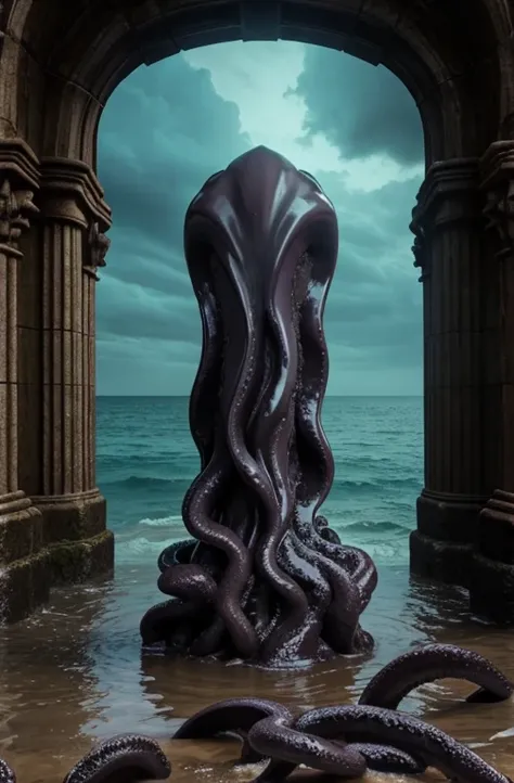  dark　Stone statue of an evil god　thick　 erotic　 penis　squid　octopus　Tentacles　 Cthulhu　Creepy　 grotesque　　big　Slip　Seaside　Submersion　Ruins