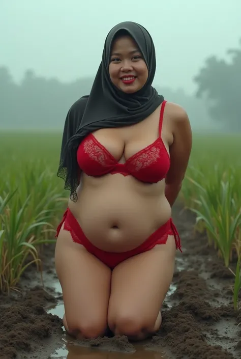  mature woman ,  wearing pashmina hijab , native indonesia , ((wearing red lace panties)), fair skin, solid body fat ,  big boobs protruding  (( almost out of her clothes )),  and round, plump buttocks , thick red lips , sweet smile looking at the camera ,...