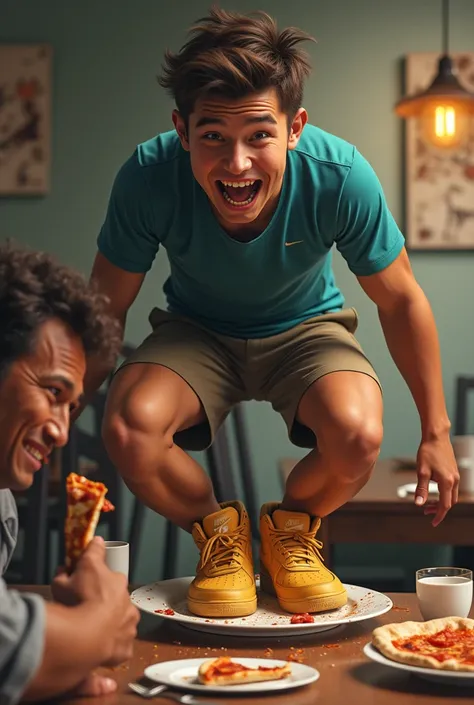 Un jeune homme sportif en Nike air Force boueuse, debout sur une table, le pieds dans l’assiette, le regarde en riant, un autre homme assis à table, qui mange une pizza.