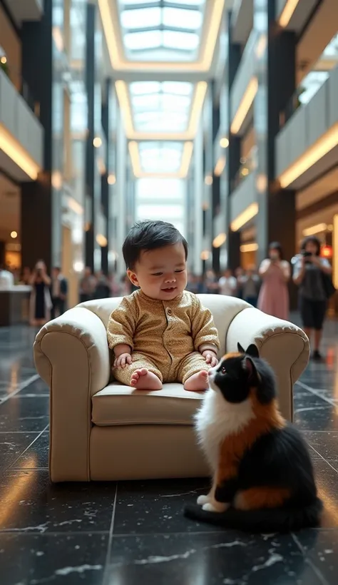 (Photorealism:9.16), Close-up image of a handsome indonesian baby with an adorable white body,  Shiny black haired manung nose ,  wearing cute and luxurious baby clothes , sitting on a large sofa chair in the center atrium of a luxurious and magnificent sh...