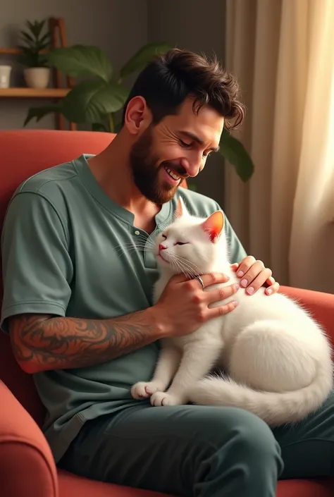 Messi is sitting with his white cat and Messi is happy 