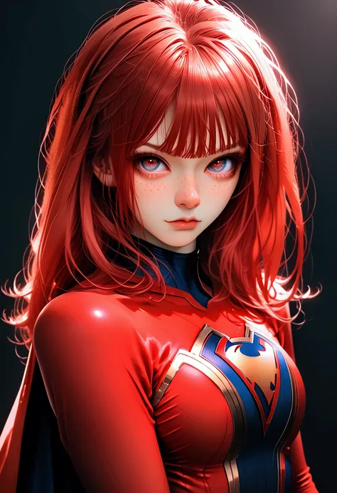 girl with red hair and ((freckles)) dressed in ((superhero costume)) ((confident look)) ((beautiful eyes)) ((standing in superhero pose))