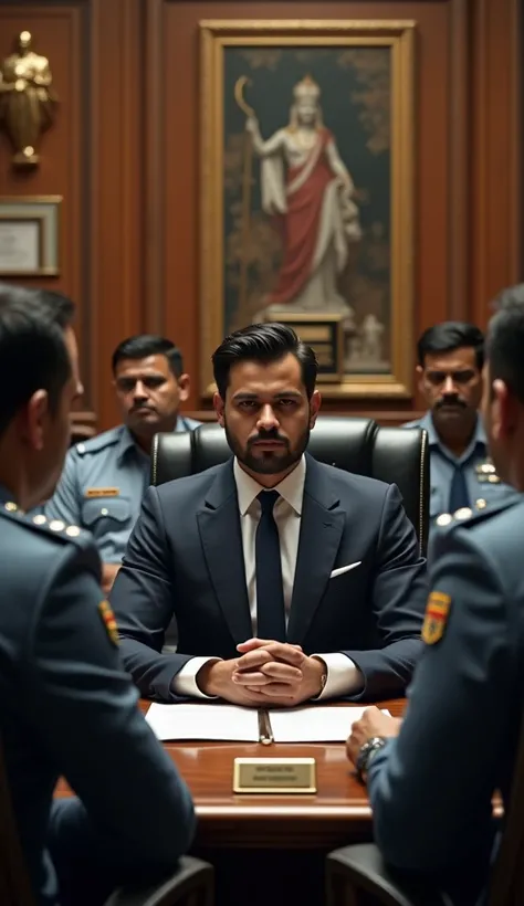 28 year old Indian RAW agent talking to his police officers in his office.