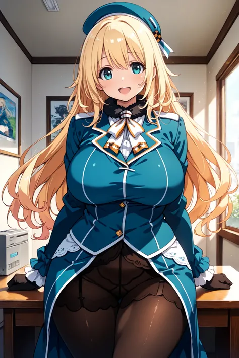 ,score_9, score_8_up, score_7_up, score_6_up, score_5_up, score_4_up、curvy,,, Looking at Viewer,
blonde hair, large breasts, Smile, Open mouth, ,wide hips,long hair,indoor,uniform,AtagoKC, Atago（kancolle）,black pantyhose, uniform,beret