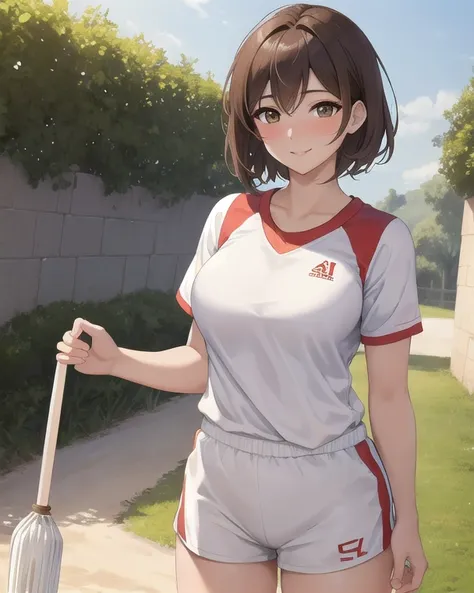  top quality 、masterpiece、 High Definition 、 Details、Fine Lines、 beautiful、24-year-old woman、1 person、Brown Hair、 short hair、 big brown eyes、Shining Eyes、smile、blush、 athlete、、white sportswear、Ground、 Sunny　、cowboy shot、